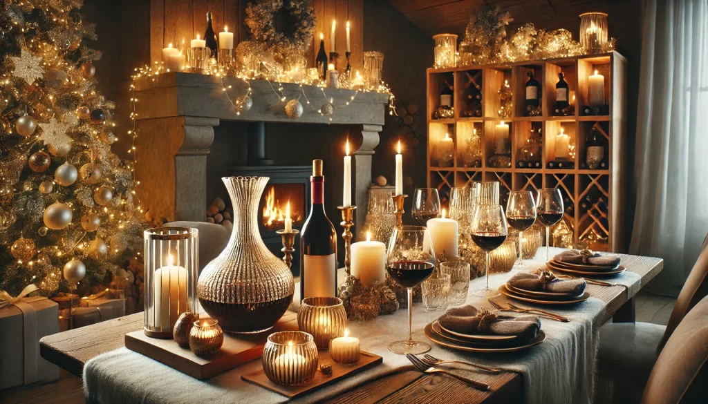 Christmas setting with food and wine, a fireplace and decorations to delight with candles and white linen