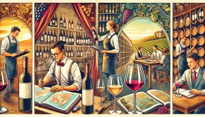 A-detailed-vibrant-illustration-showcasing-a-group-of-diverse-wine-professionals-at-work.-On-one-side-a-wine-writer-sits-at-a-desk-with-a-notepad