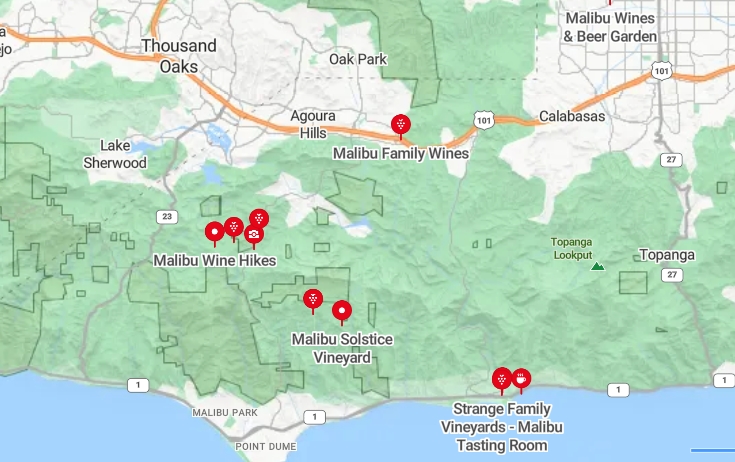 Malibu Wineries Map and zones for activities